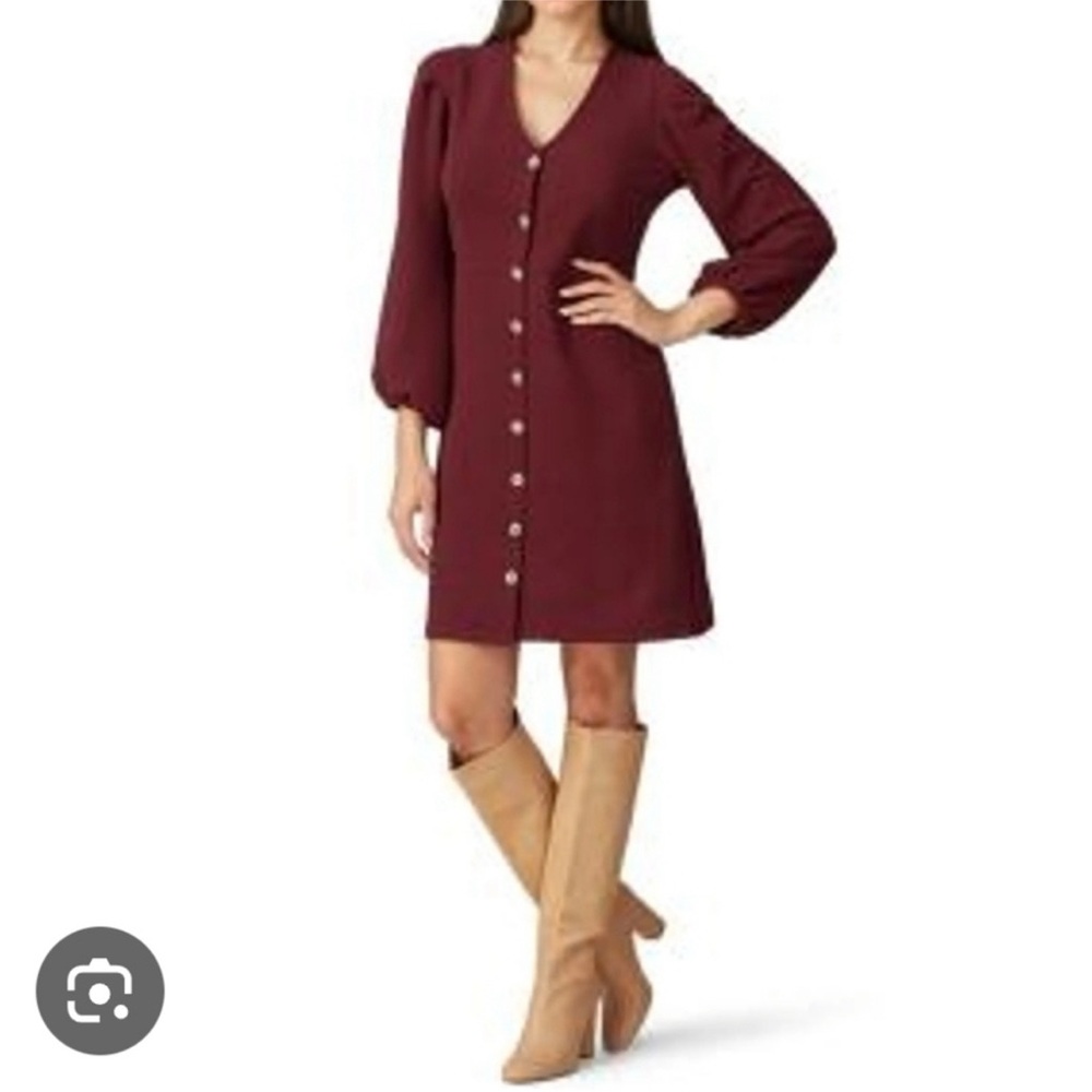 NWT MADEWELL Texture & Thread Crepe Balloon Sleeve Dress Burgundy Mini Button M